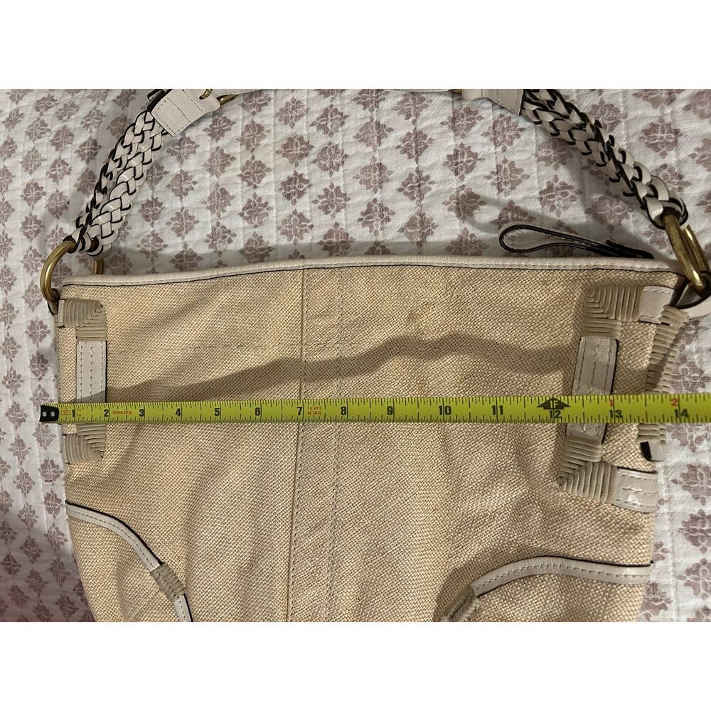 Coach VTG Tan Natural Braided Leather Soho Canvas Beige GUC Buckles Gold Purse - Picture 14 of 15
